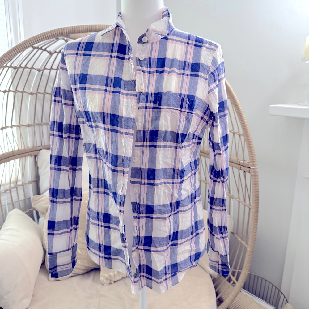 J.Crew Plaid Button-Down Shirt Pink Blue White | Women’s Small Preppy Fall Layer